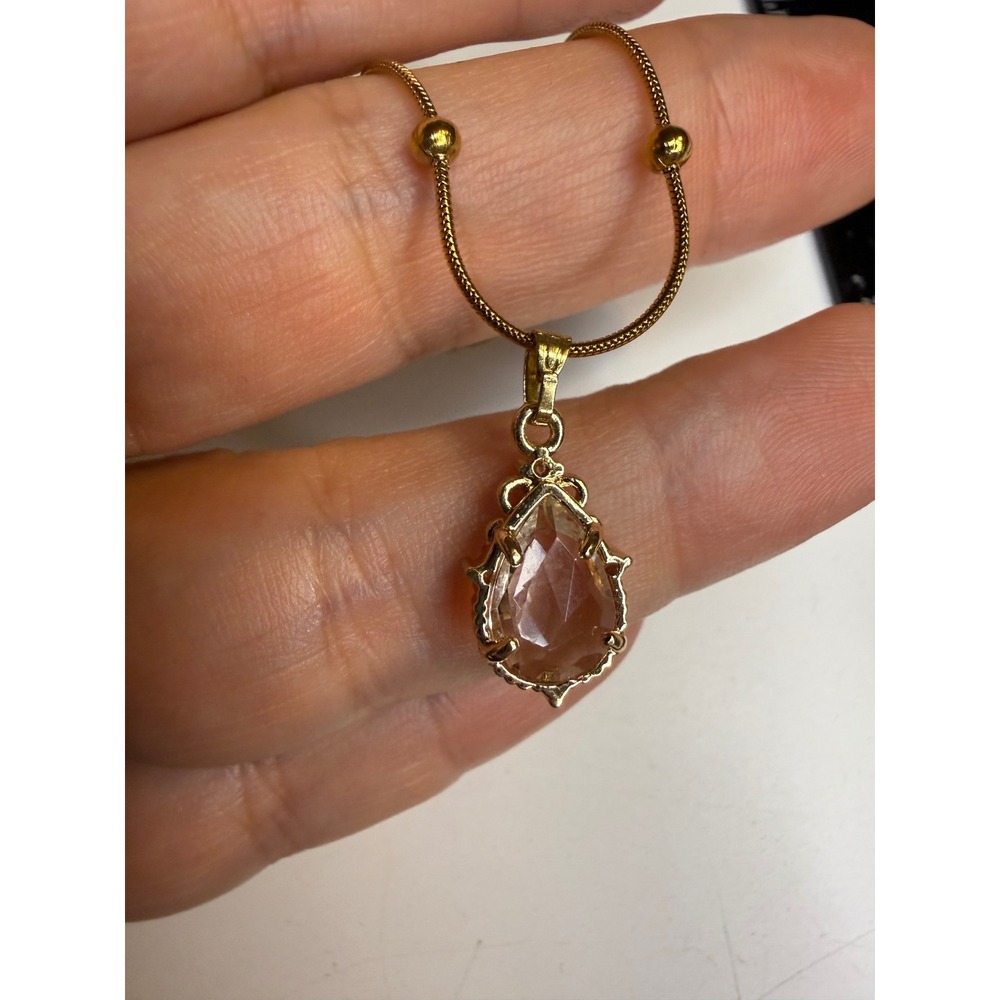 Gold Tone Stainless Steel Peach Teardrop Stone Pendant Necklace Snake Chain